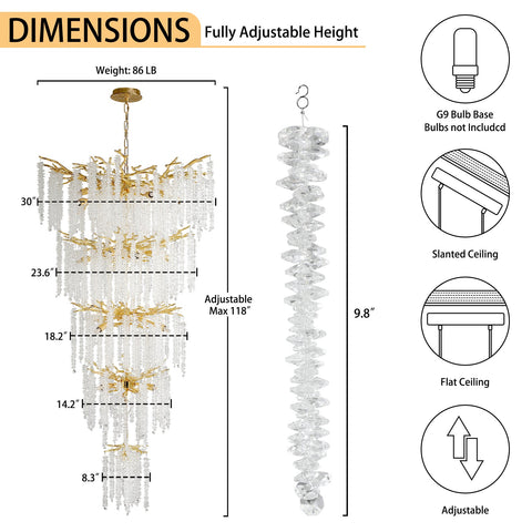 Gold H118'' Crystal Chandeliers for Entryway,Golden 28Lights Foyer Pendant Lighting Entrwey High Ceiling Chandeliers,Luxury Tree Branches Chandelier Lighting Hanging Light for Living Room