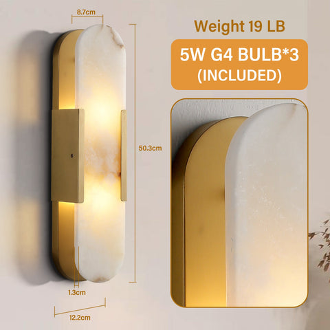 Brass Wall Sconces Set of Two, Natural Alabaster Wall Light,Gold Vanity Light Fixtures for Bathroom,Bedside Wall Lamp Perfect for Bedroom, Hallway, Living Room Kitchen(Including Bulb)