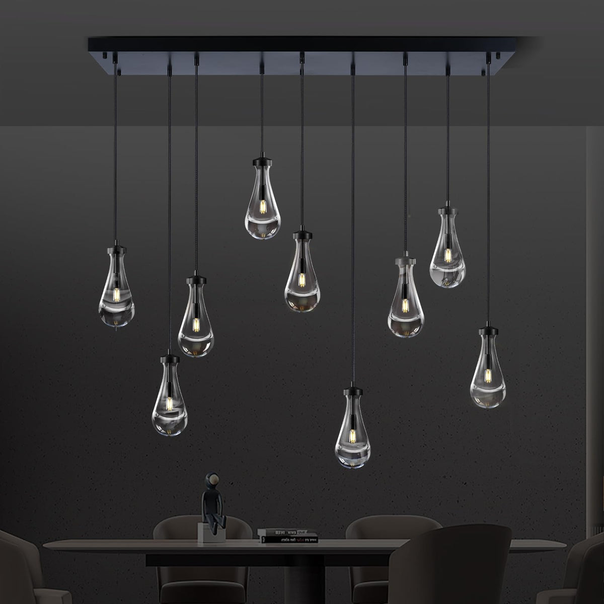 Black Raindrop 9-Light Chandeliers For Dining Room, Black Dining Room Lights Fixture Over Table, Teardrop Pendant Lights Kitchen Island, Adjustable Rope Hanging Lamp Ceiling For Bedroom Entryway Foyer