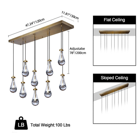 Brass Raindrop 9-Light Chandeliers For Dining Room, Black Dining Room Lights Fixture Over Table, Teardrop Pendant Lights Kitchen Island, Adjustable Rope Hanging Lamp Ceiling For Bedroom Entryway Foyer