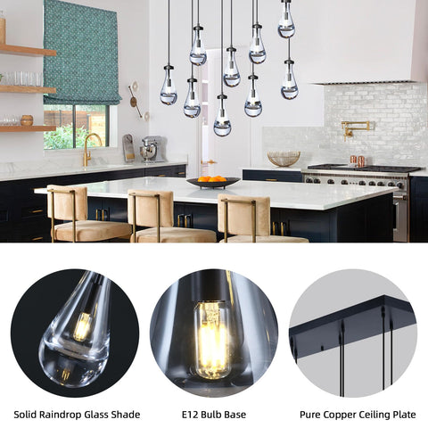 Black Raindrop 9-Light Chandeliers For Dining Room, Black Dining Room Lights Fixture Over Table, Teardrop Pendant Lights Kitchen Island, Adjustable Rope Hanging Lamp Ceiling For Bedroom Entryway Foyer